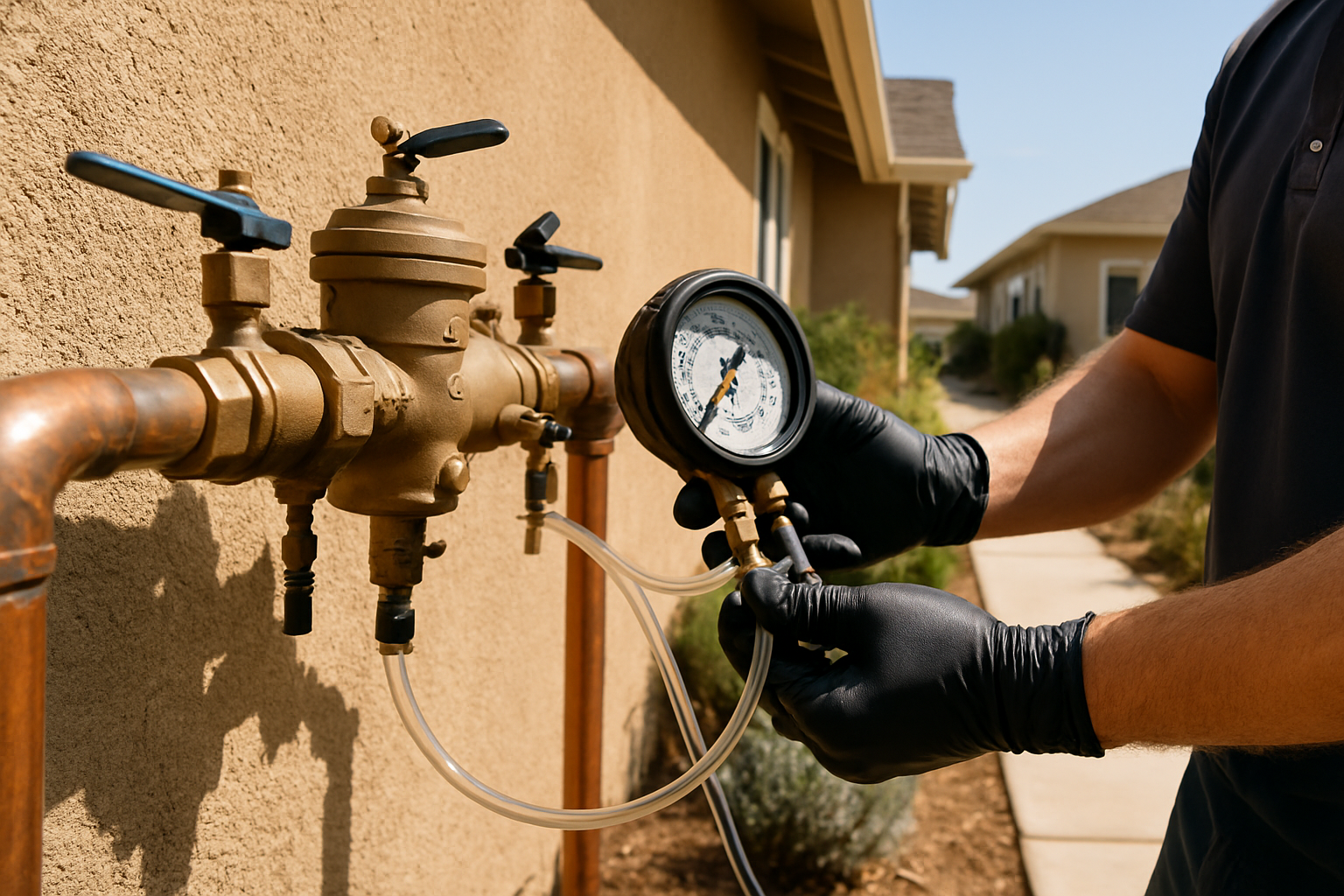 Backflow Testing in California Just Got Stricter. Here's What It Means for Your Property. 1 Plumber attaching a pressure gauge test kit to a brass backflow preventer assembly on the exterior of a Salinas home.