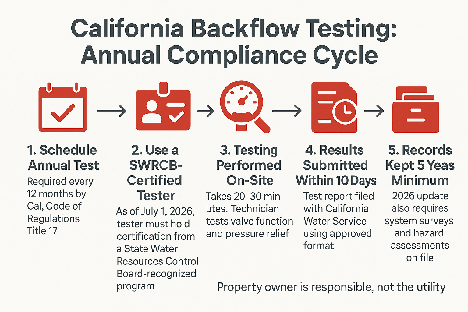 Backflow Testing in California Just Got Stricter. Here's What It Means for Your Property. 2 Infographic showing the 5-step annual backflow testing compliance cycle in California, including the 2026 SWRCB certification requirement.