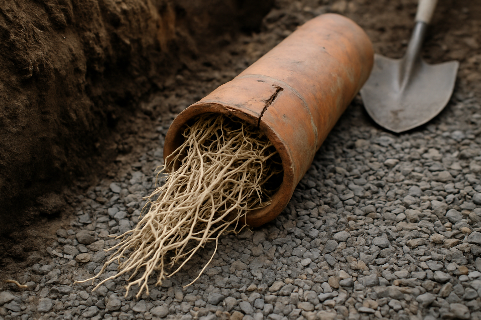 Tree roots growing through a cracked joint in an old clay sewer pipe section pulled from the ground