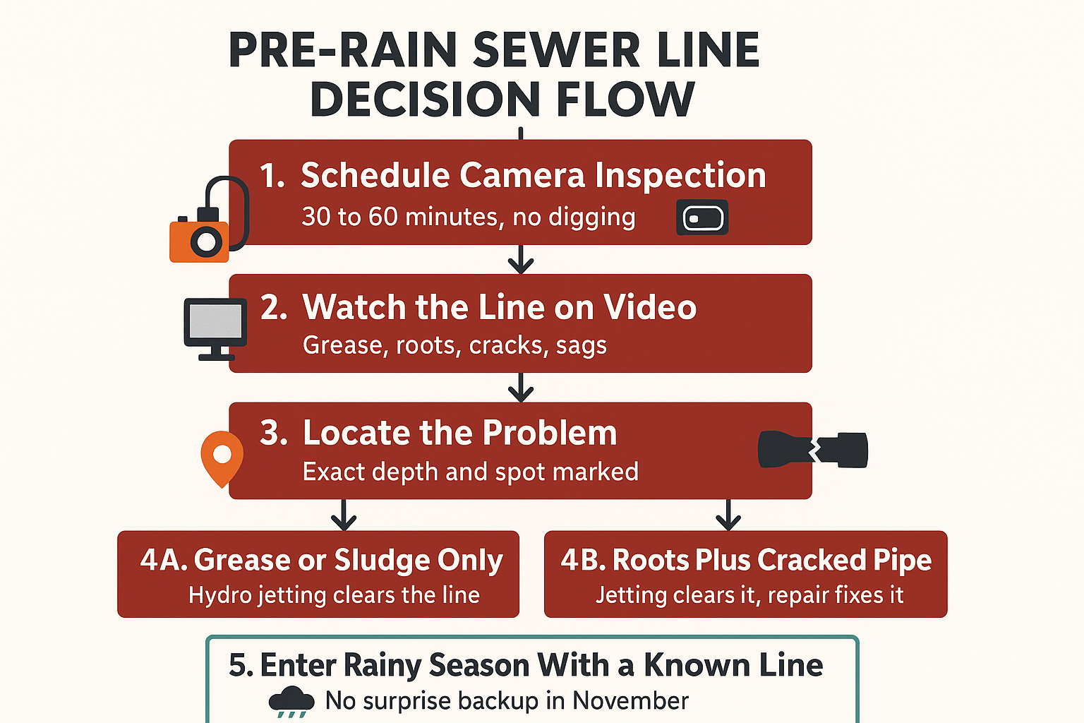 Infographic showing the pre-rain sewer inspection decision flow from camera inspection to jetting or repair