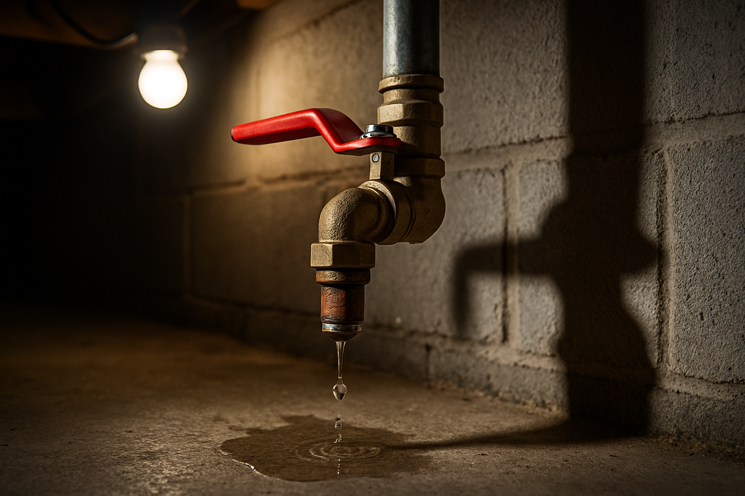 Válvula de cierre principal en una cochera con agua goteando de una tubería cercana al piso de concreto