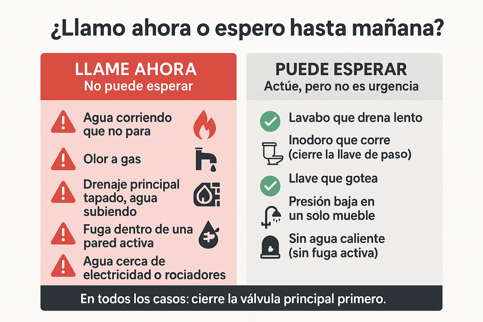 Infografía de dos columnas: situaciones de plomería que no pueden esperar vs. las que sí pueden esperar hasta mañana