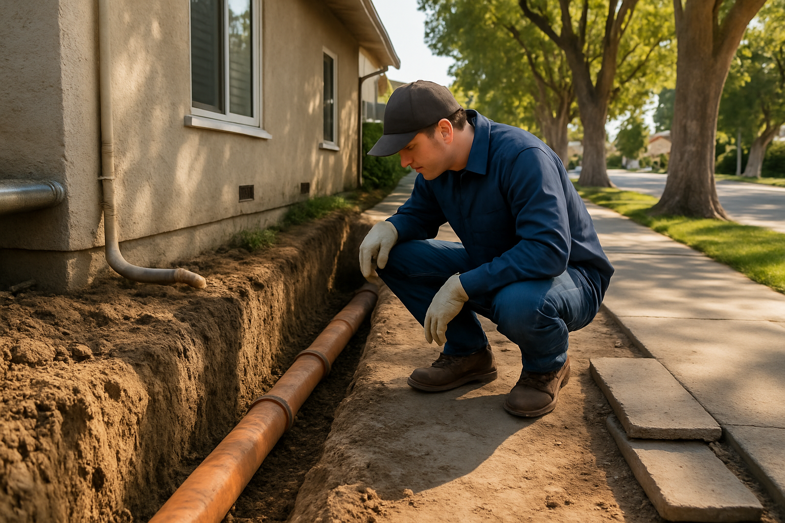 Exposed residential sewer lateral pipe in a trench running from a Salinas home toward the street, with a plumber inspecting it.