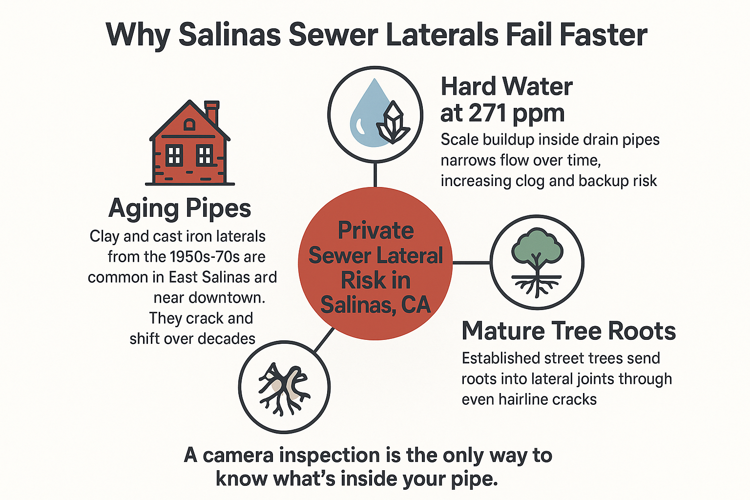 Infographic showing three risk factors for Salinas sewer laterals: aging pipes, hard water at 271 ppm, and tree root intrusion.
