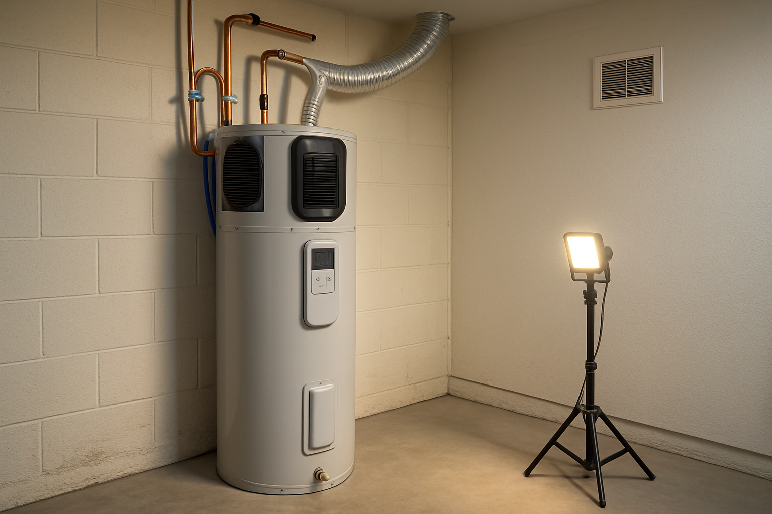 Heat pump water heater installed in a Salinas, CA home garage with supply lines and exhaust duct connected
