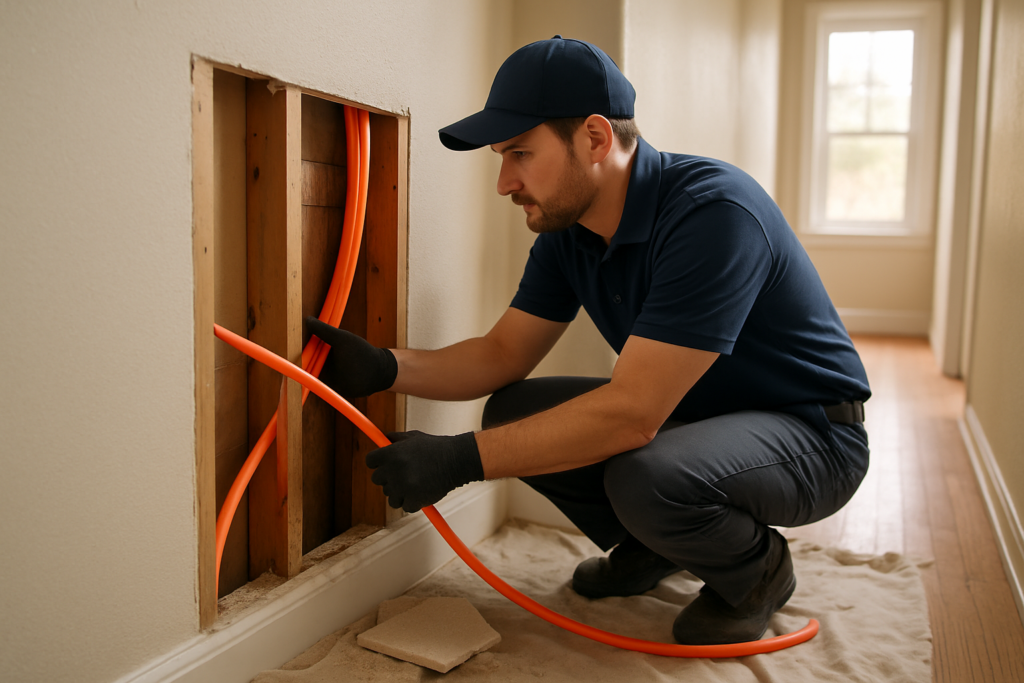 What a Whole-House Repipe Actually Looks Like, Start to Finish 16 Plumber threading PEX pipe through a wall opening during a whole-house repipe in a Salinas home