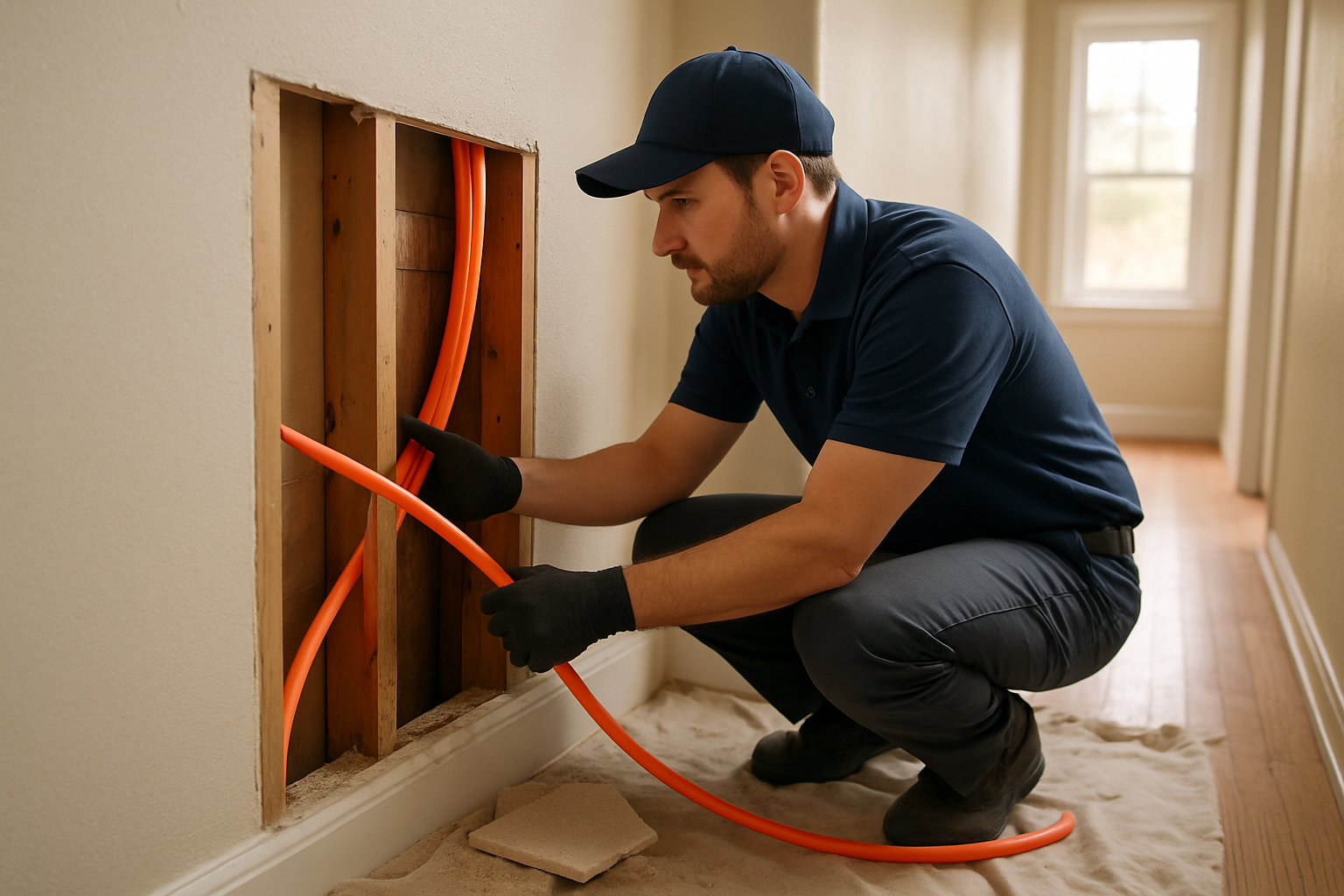 Plumber threading PEX pipe through a wall opening during a whole-house repipe in a Salinas home