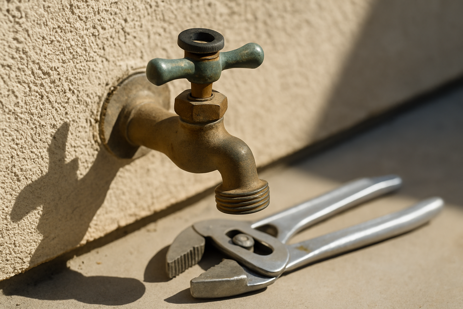 Corroded outdoor hose bib with worn packing nut and stem washer on a Salinas home exterior wall
