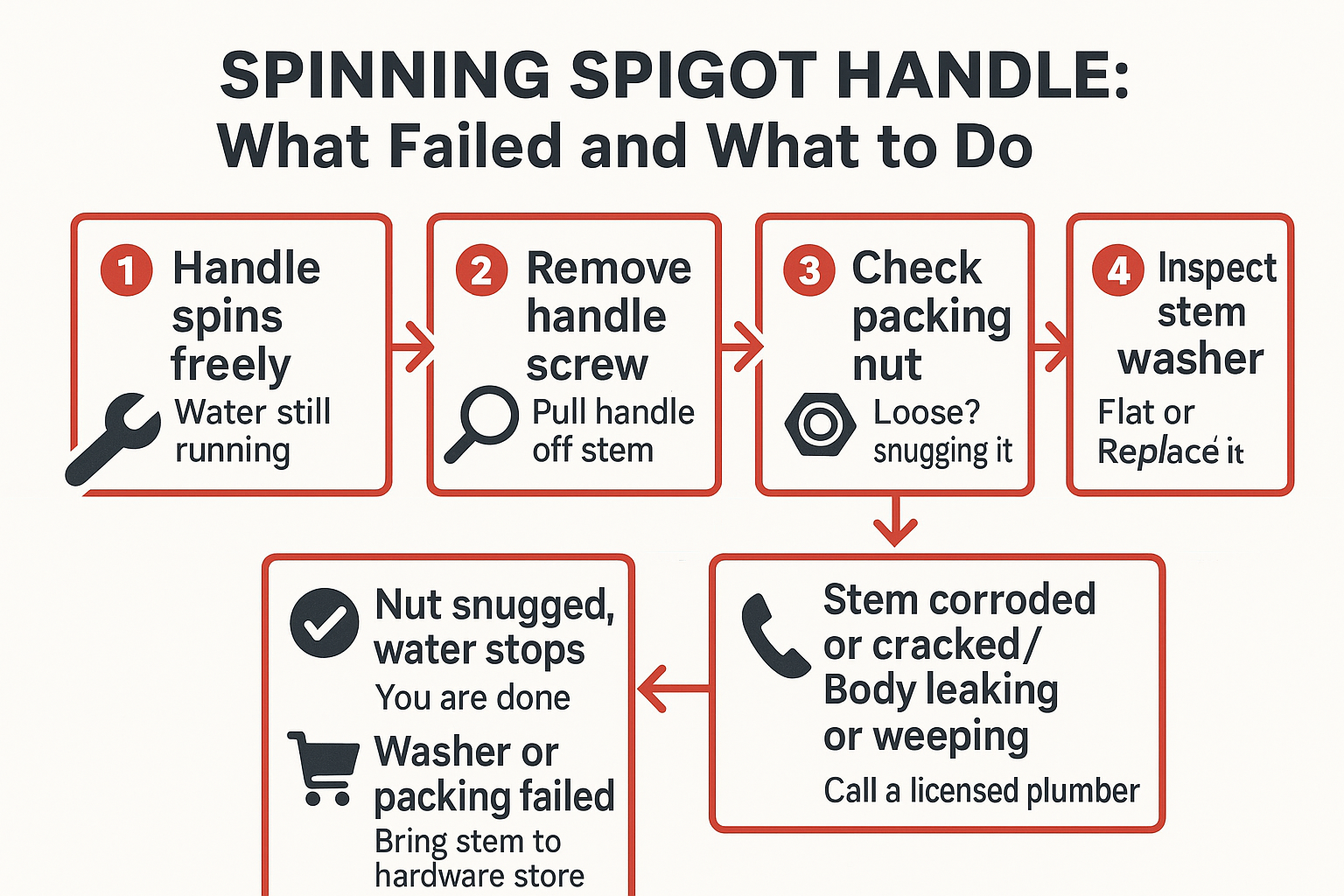 Infographic showing a step-by-step diagnosis flow for a spinning outdoor spigot handle with three outcome paths