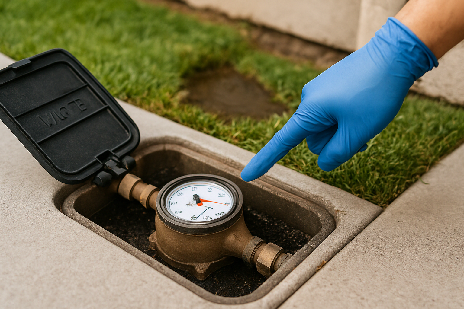 Open water meter box in Salinas neighborhood with spinning dial and wet lawn in background, indicating a possible underground leak.