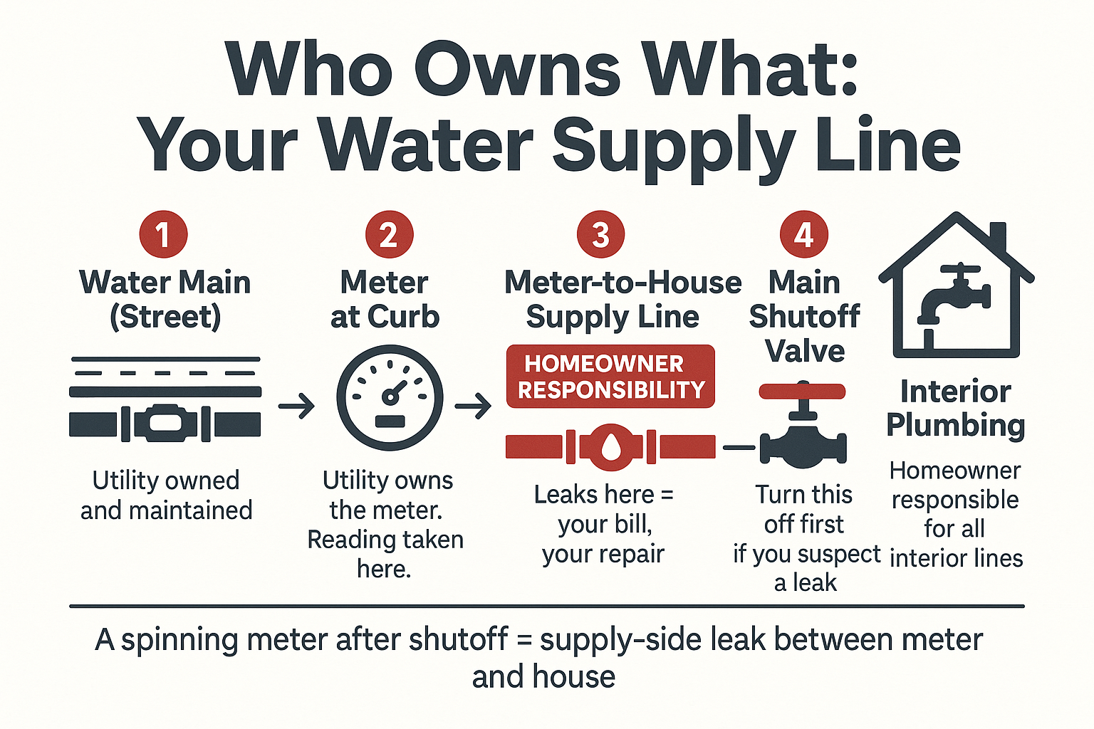 Infographic showing water utility vs homeowner responsibility zones from the street meter to interior plumbing in a residential property.