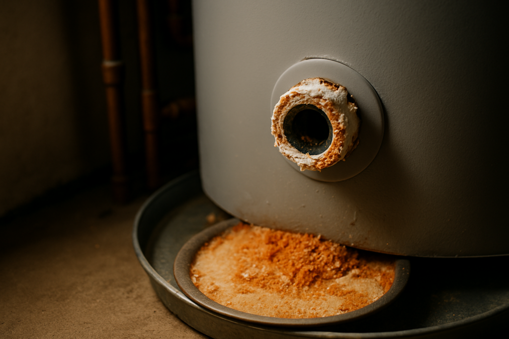 Your Water Heater Has Never Been Flushed. Here's What That Means. 22 Mineral sediment crust around a water heater drain valve during a maintenance flush in a Salinas home