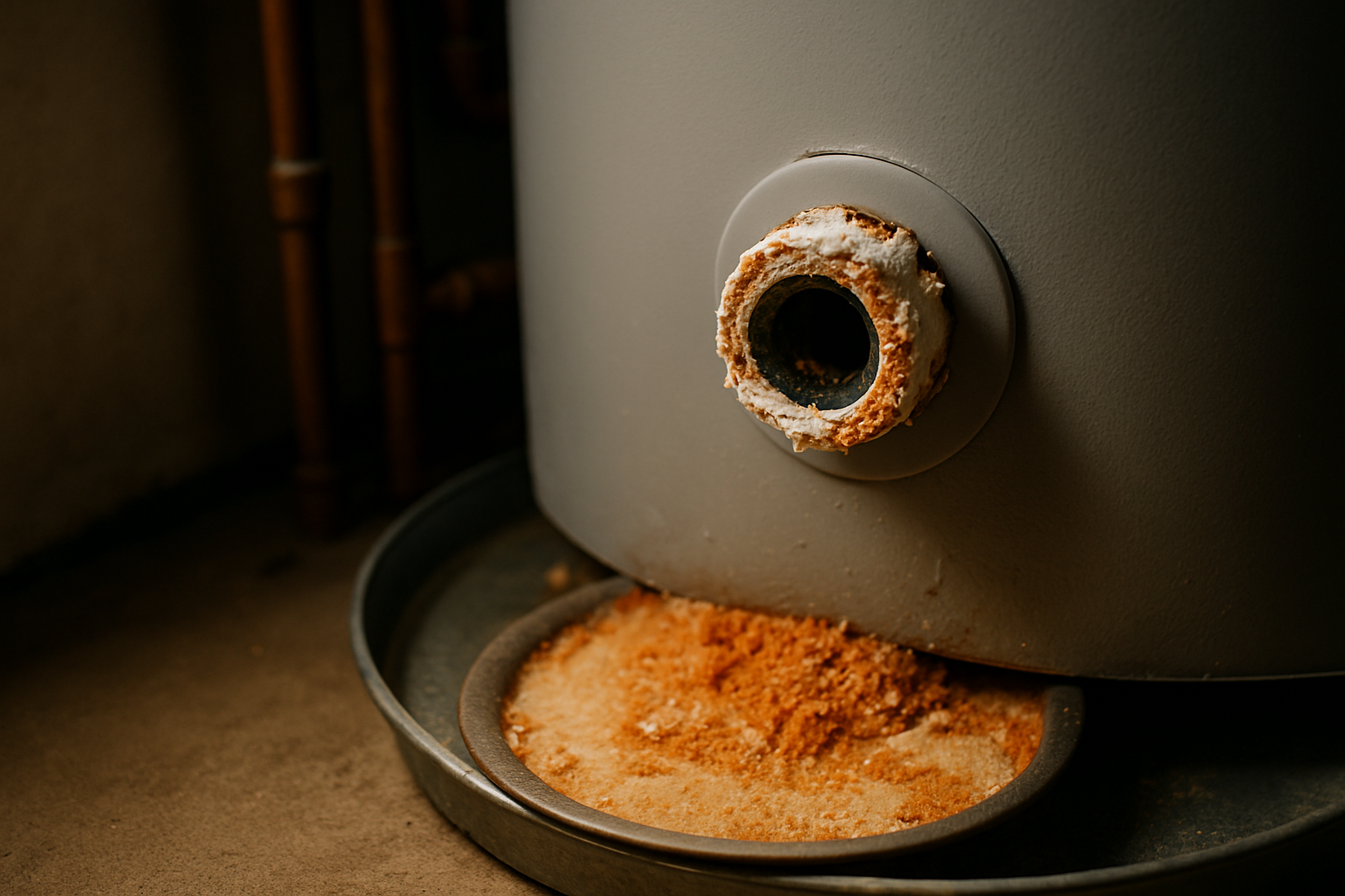 Mineral sediment crust around a water heater drain valve during a maintenance flush in a Salinas home