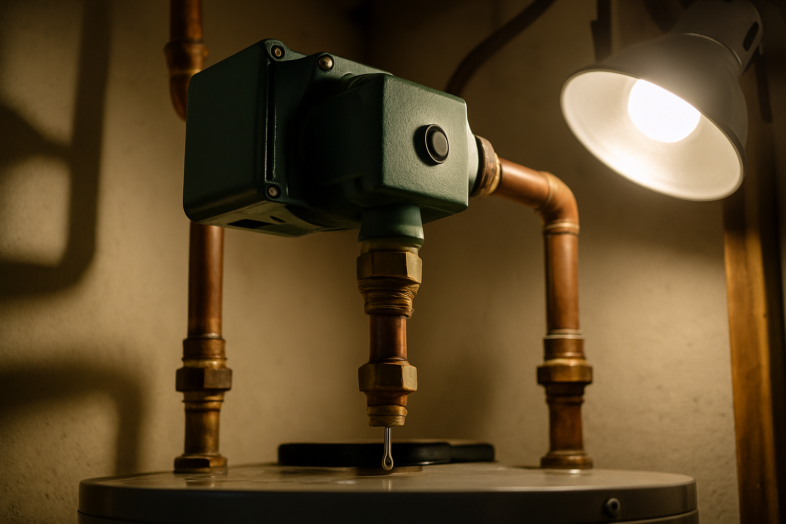 Recirculation pump mounted on top of a water heater with a water drip visible at a pipe fitting connection
