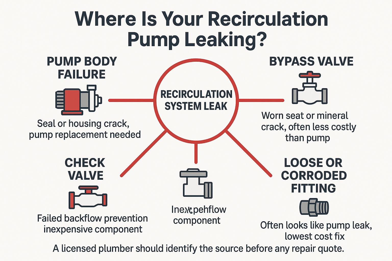 Infographic showing the four most common water heater recirculation pump leak sources and what each one means for repairs