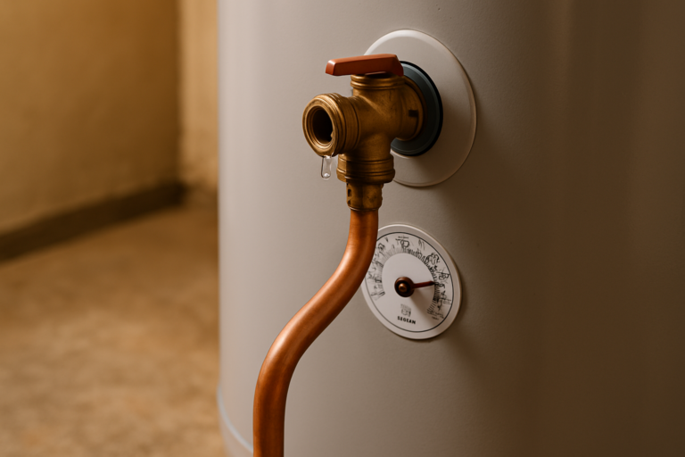 Salinas Plumbing Blogs 36 Water dripping from a temperature and pressure relief valve on a residential tank water heater in a utility closet