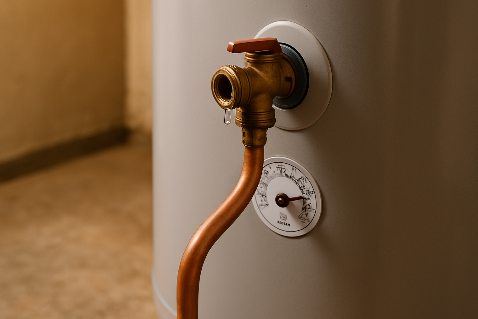 Water dripping from a temperature and pressure relief valve on a residential tank water heater in a utility closet