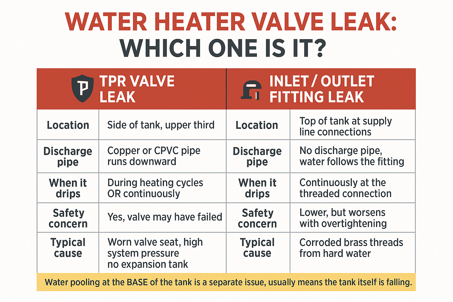 Infographic comparing TPR valve leaks versus inlet and outlet fitting leaks on a tank water heater