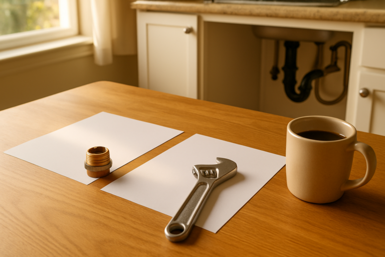 Salinas Plumbing Blogs 31 Dos hojas en blanco sobre una mesa de cocina con una llave y una conexión de cobre encima, junto a un fregadero abierto