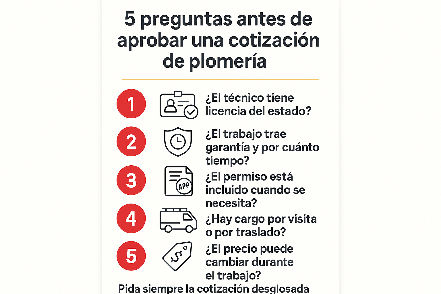 ¿Cómo saber si una cotización de plomería está demasiado alta? 2 Infografía con cinco preguntas para evaluar una cotización de plomería: licencia, garantía, permiso, cargo por visita y cambios de precio