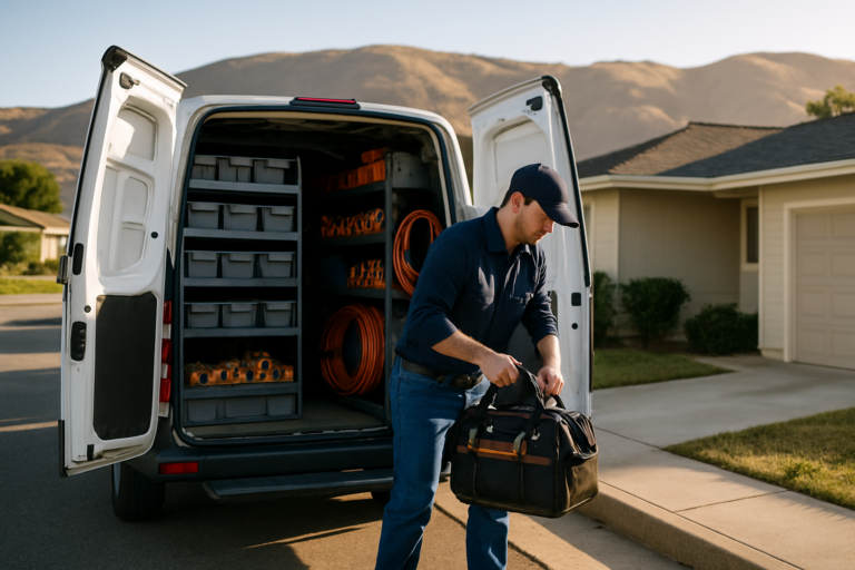 Salinas Plumbing Blogs 28 Plumber lifting a tool bag from an open service van in a Salinas driveway before a service call