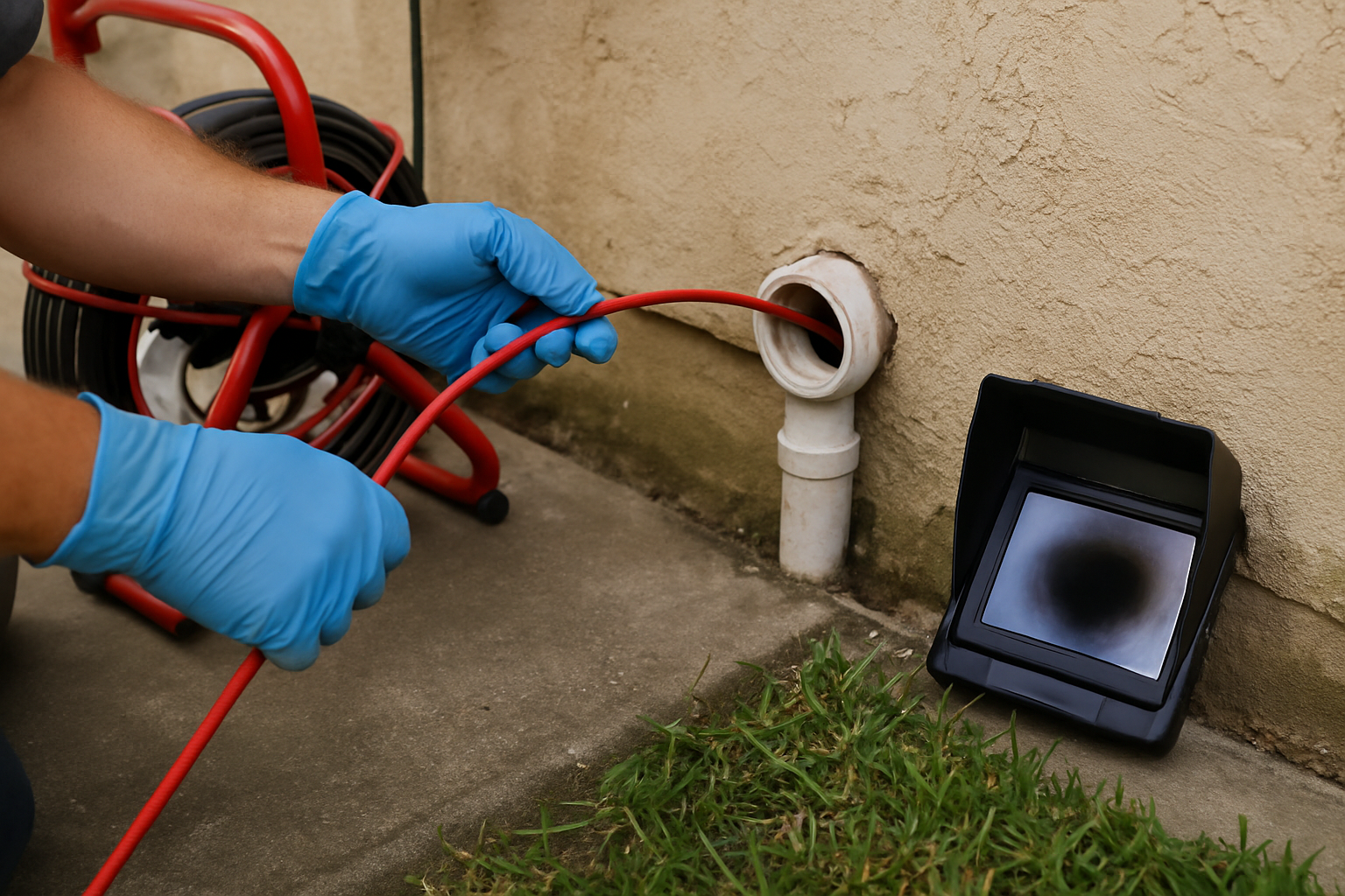 Plumber feeding a into an exterior cleanout during a paid diagnostic visit