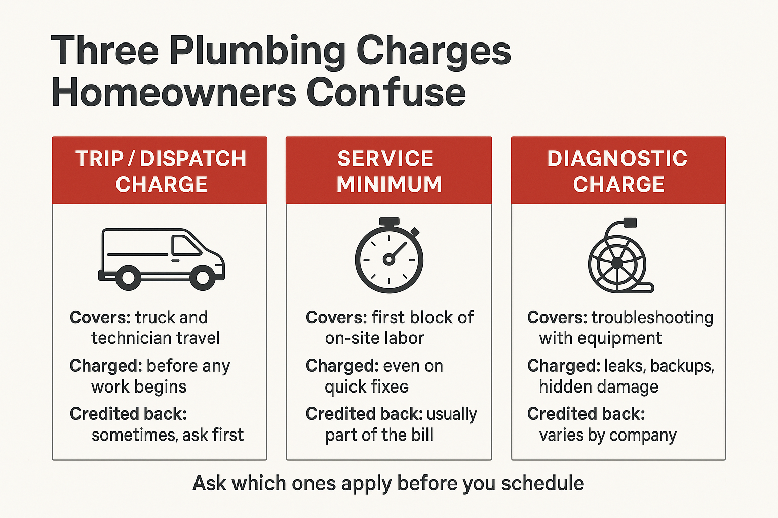 Infographic comparing plumber trip fees, service minimums, and diagnostic charges