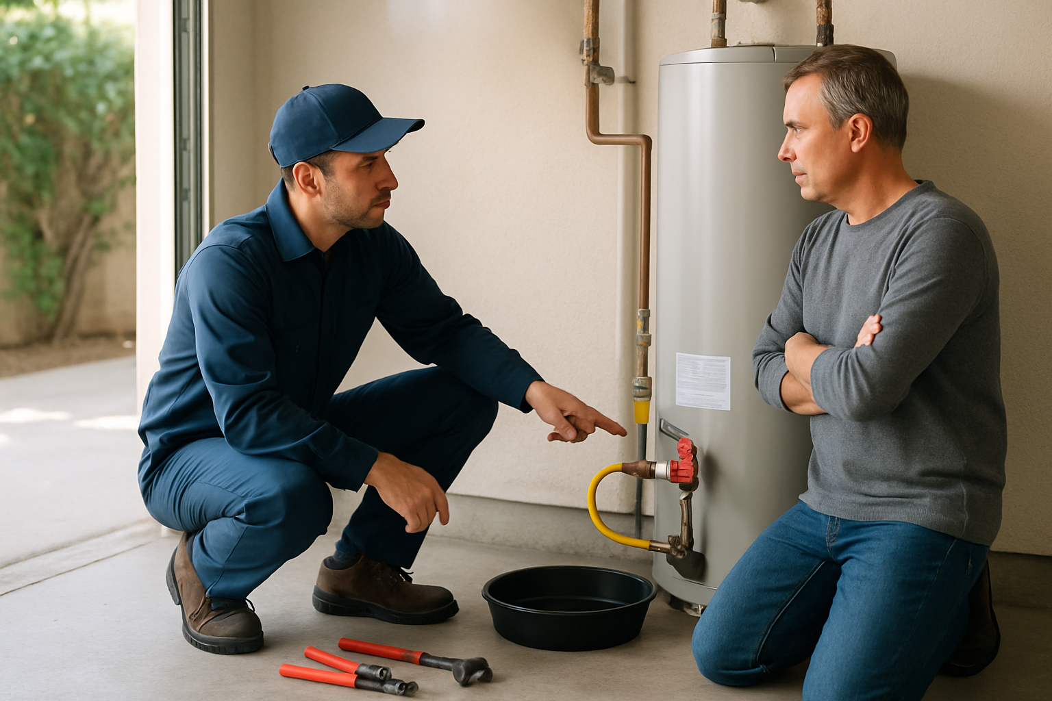 Plumber explaining water heater connections to a homeowner during an in-home estimate