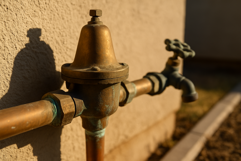 Brass water pressure regulator on a copper main line at a stucco home exterior, showing mineral buildup