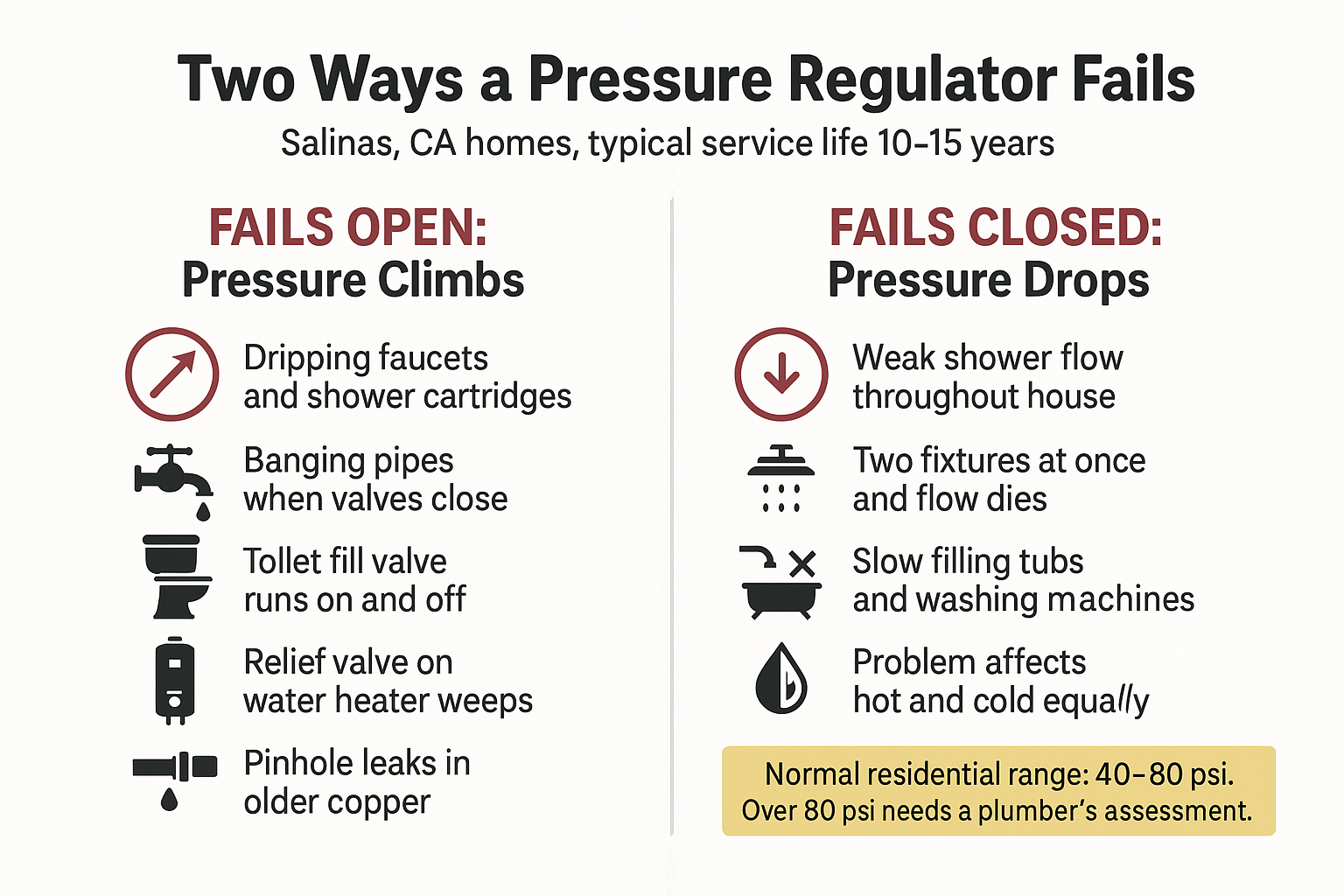 Infographic comparing high pressure and low pressure symptoms when a water pressure regulator fails