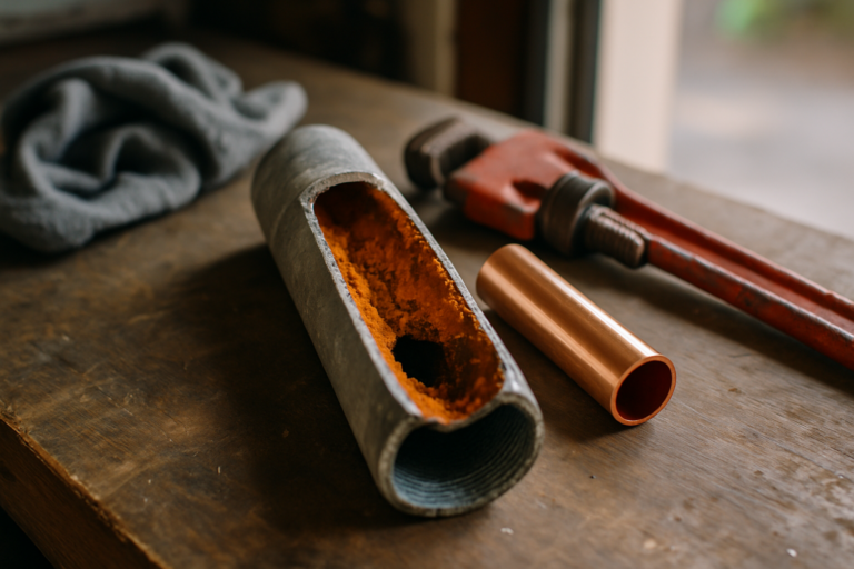 Welcome to Alvarez Plumbing 19 Cutaway galvanized pipe clogged with rust next to clean new copper pipe on a workbench