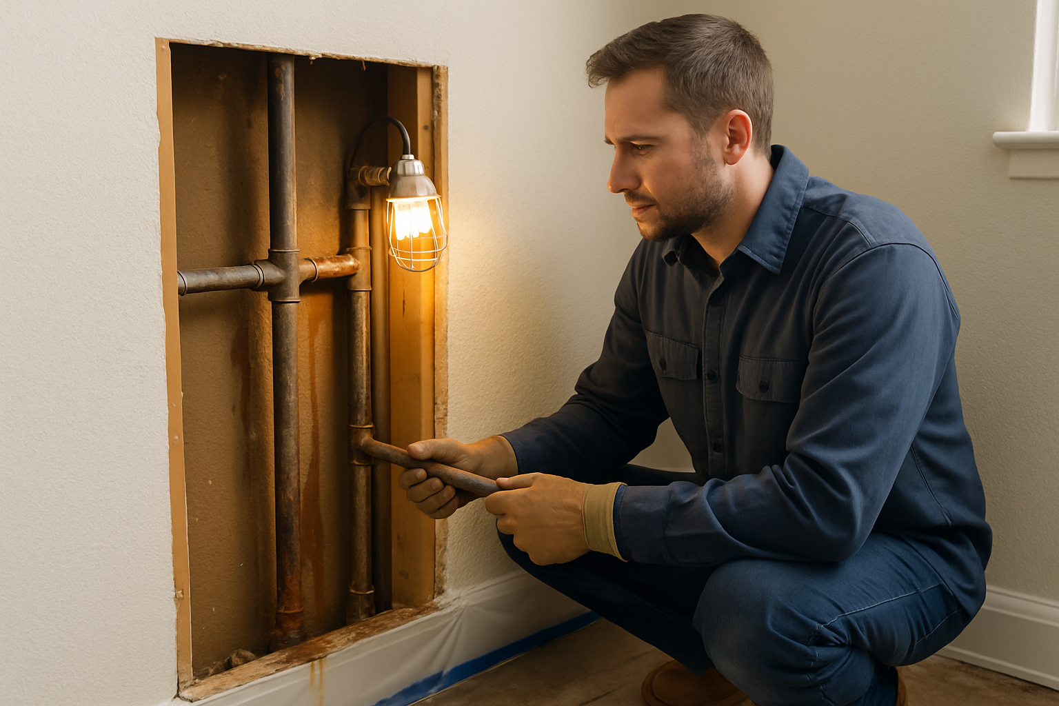 Plumber inspecting rusted galvanized supply lines inside an opened wall of an older Salinas rental unit