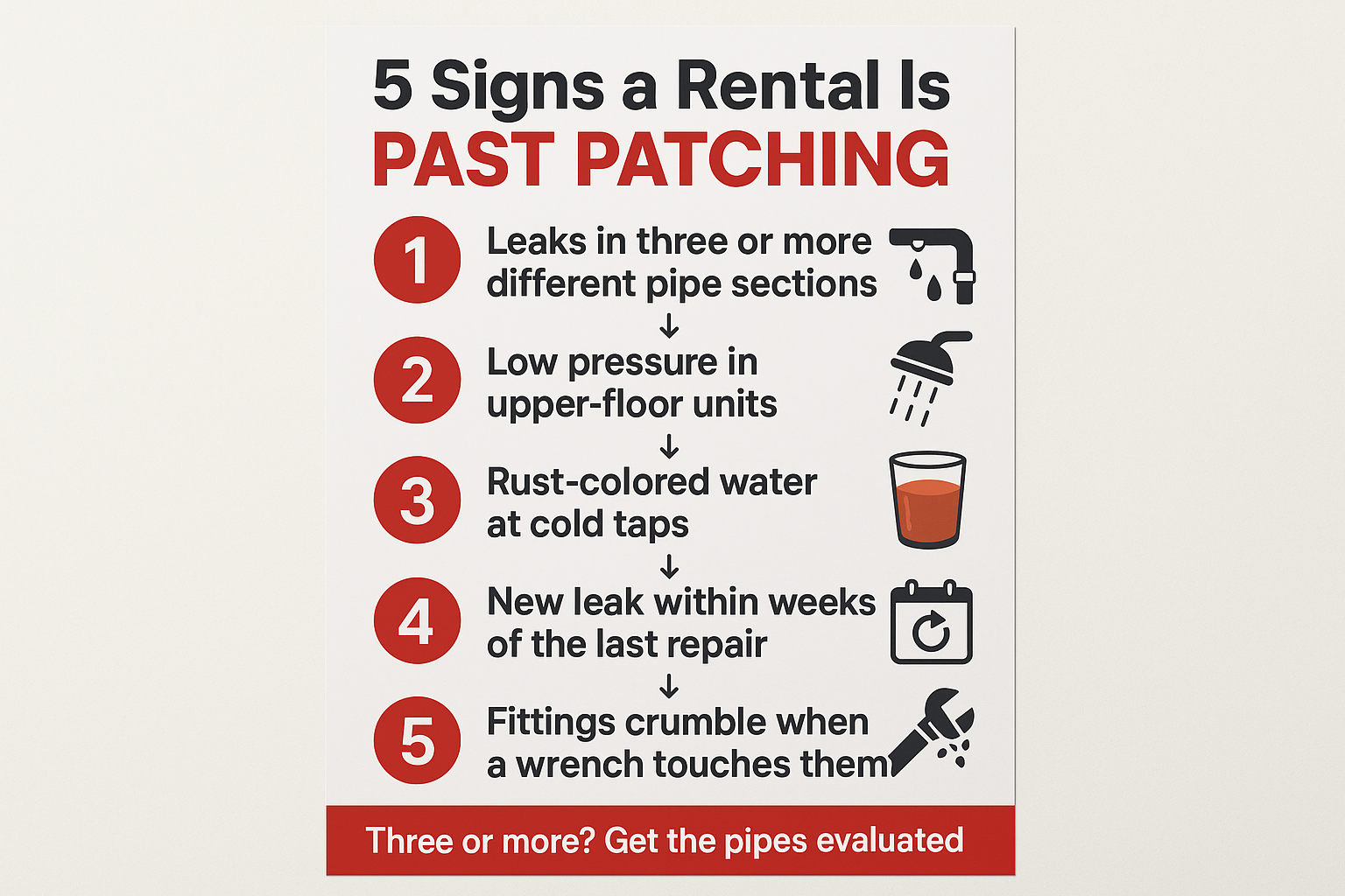 Infographic listing five signs a rental property needs repiping instead of patch repairs