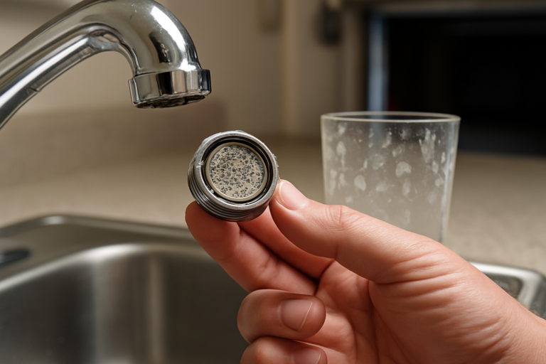 Welcome to Alvarez Plumbing 18 Faucet aerator crusted with white mineral scale from hard water next to a spotted drinking glass
