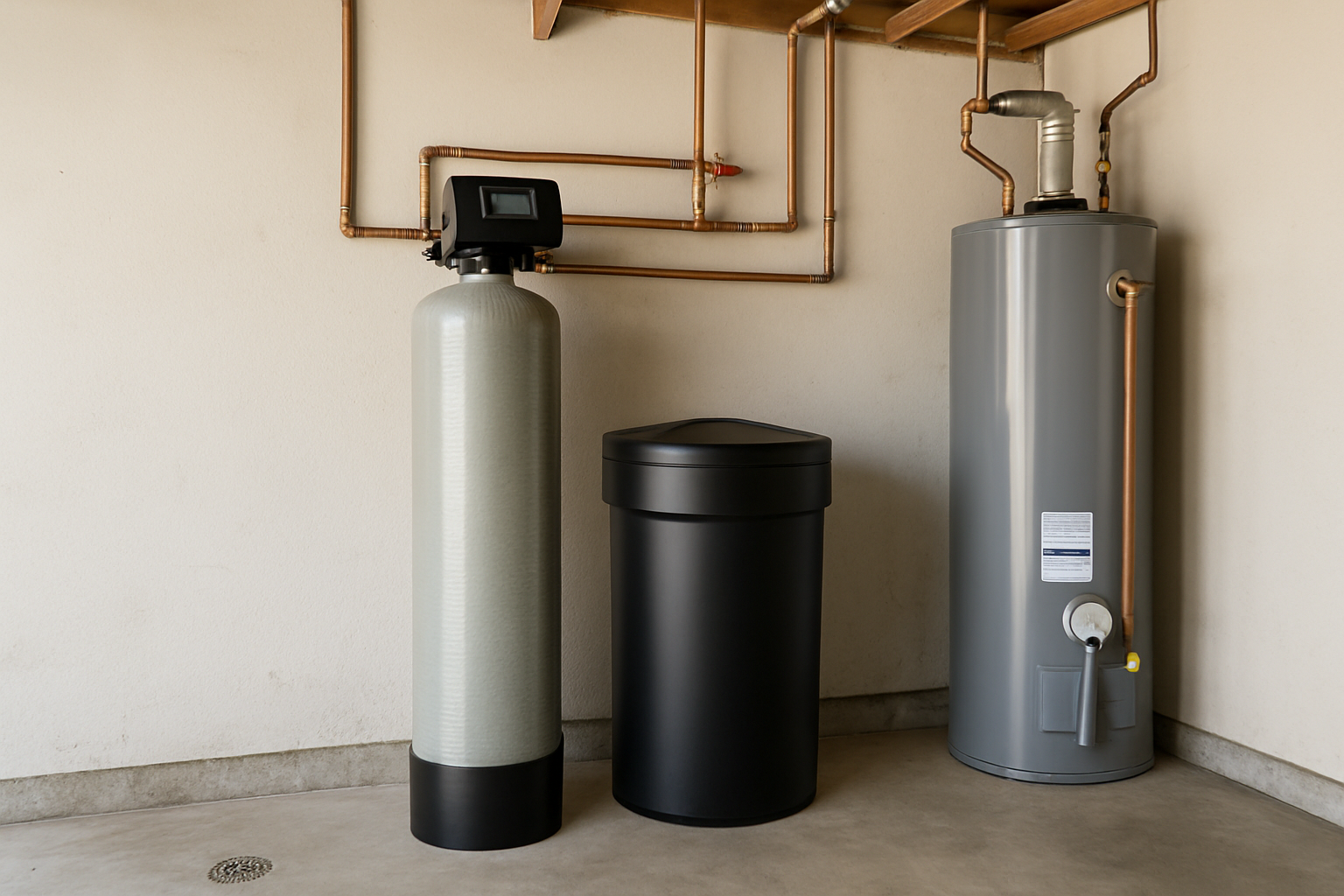 Water softener resin tank and brine tank installed in a garage next to a water heater and copper supply lines