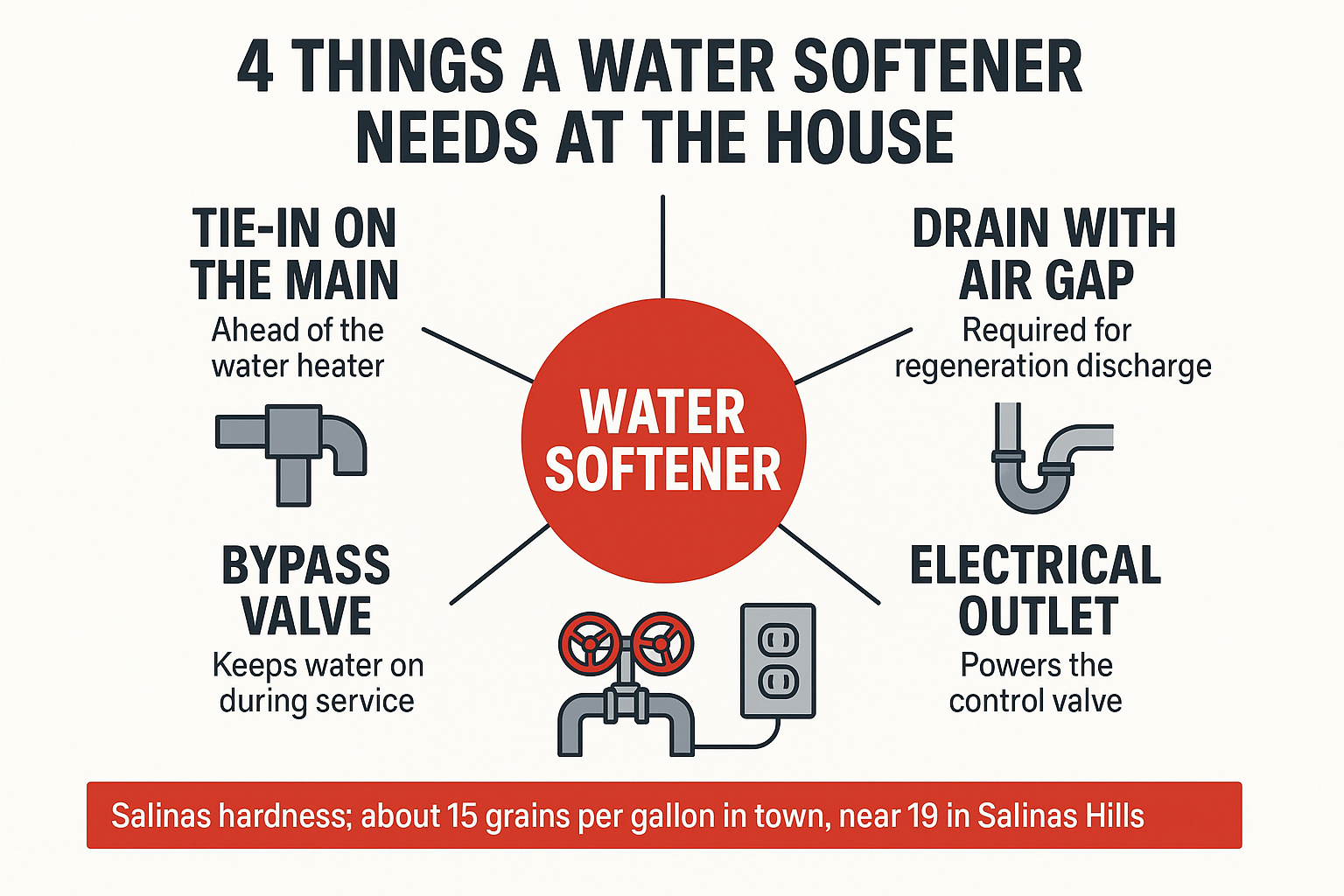 Infographic showing the four requirements for a water softener install: main tie-in, drain with air gap, outlet, and bypass