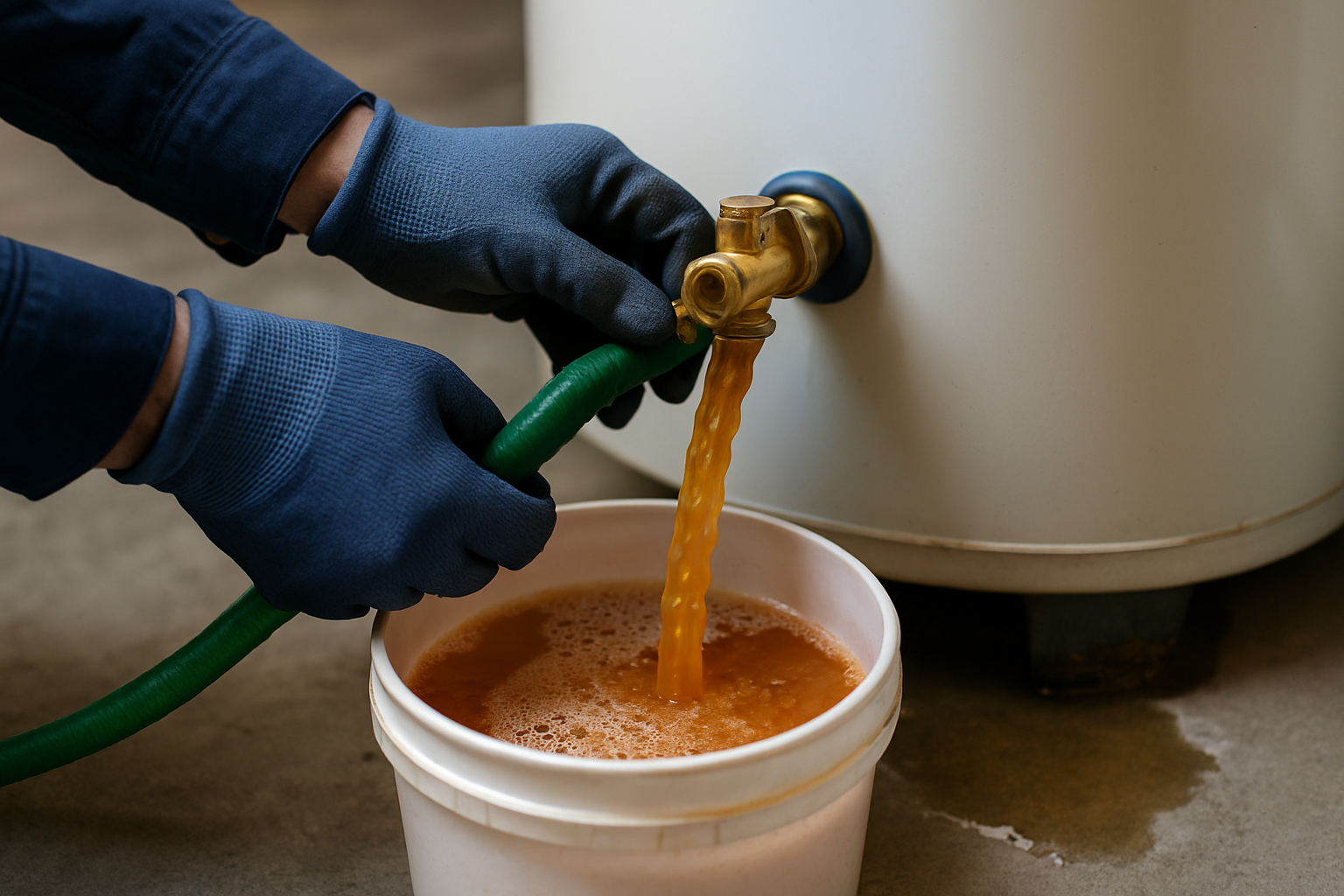 Su calentador de agua tiene 9 años. ¿Ahora qué? 1 Plomero drenando agua con sedimento de un calentador de agua hacia una cubeta en una cochera