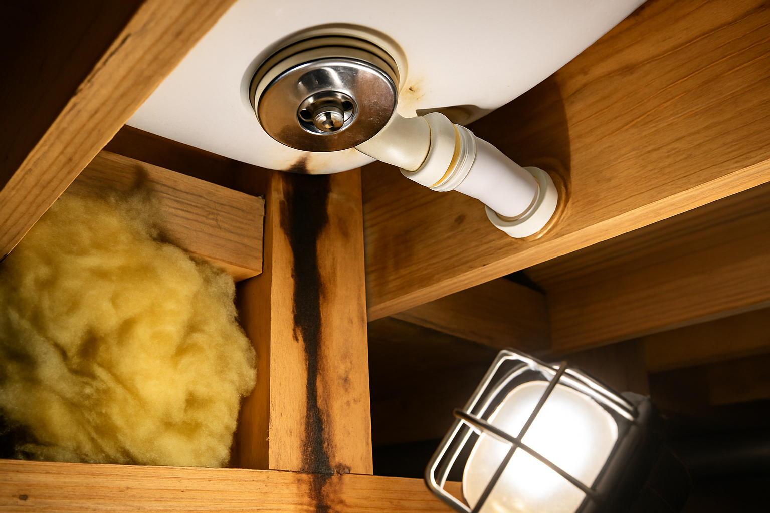 Underside of a bathtub drain and overflow with a water trail running along a floor joist inside the floor cavity